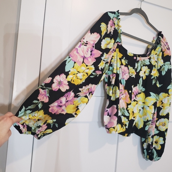 Who What Wear Garden Floral Bardot Top Cropped Linen Blend Size Medium - Picture 7 of 15